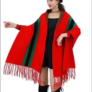Red and green striped poncho. Inspired shawl. One size fits most.